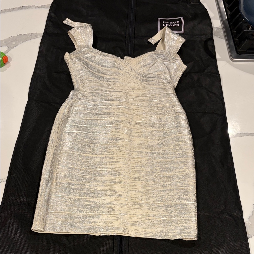 Herve Leger Silver Champagne Metallic Bandage Mini Dress